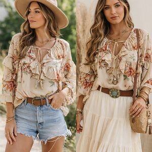 H&M Beige Floral Ruffle Blouse